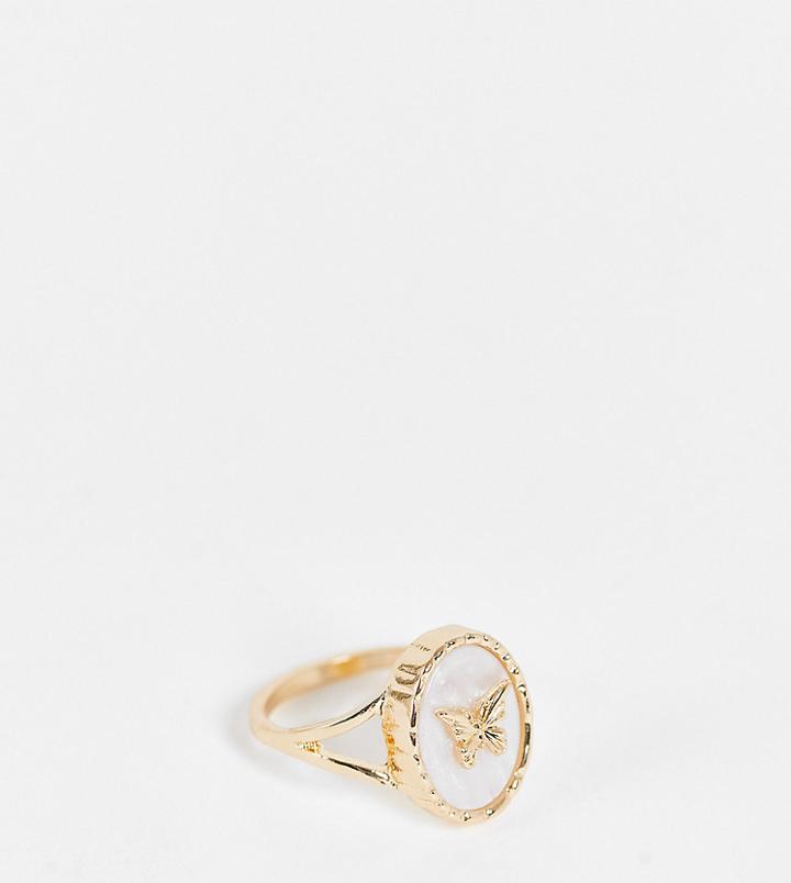 Reclaimed Vintage Inspired Antique Style Faux Mother Of Pearl Ring With Butterfly-gold