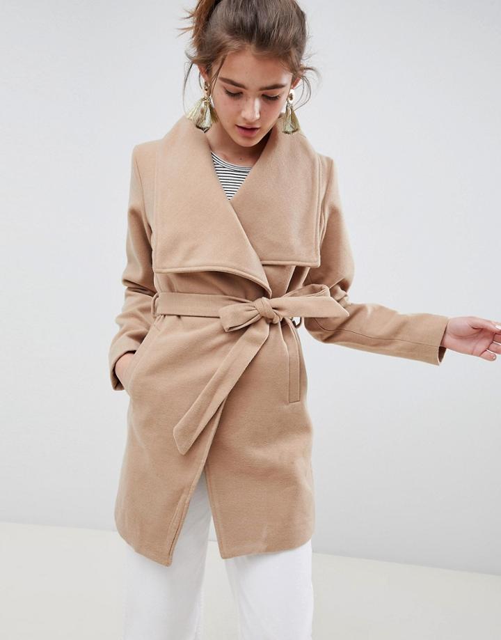 Parisian Waterfall Coat With Tie Belt Detail - Tan