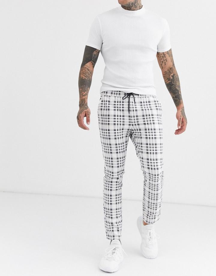 Asos Design Skinny Pants With Elastic Waist In Wide Gray Check