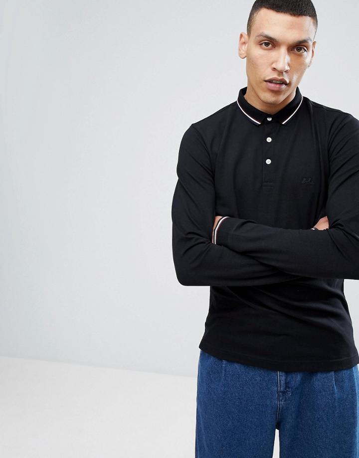 Lindbergh Long Sleeve Pique Polo Shirt In Black - Black