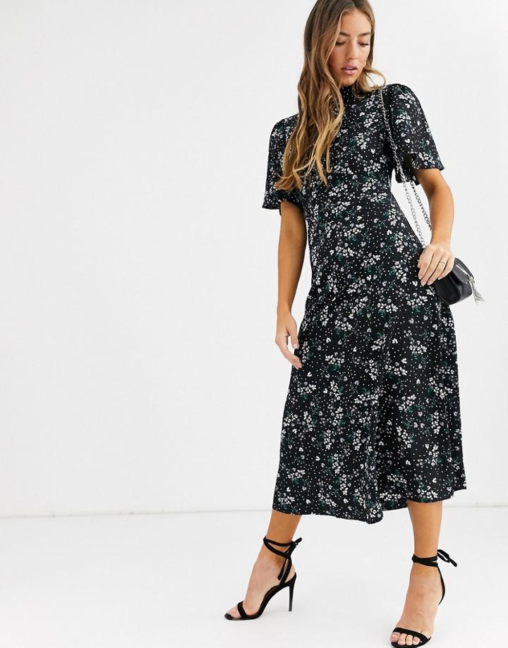 Fashion Union High Neck Midaxi Tea Dress With Flutter Sleeve