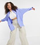 Asos Design Curve Long Sleeve Boyfriend Shirt In Blue-no Color