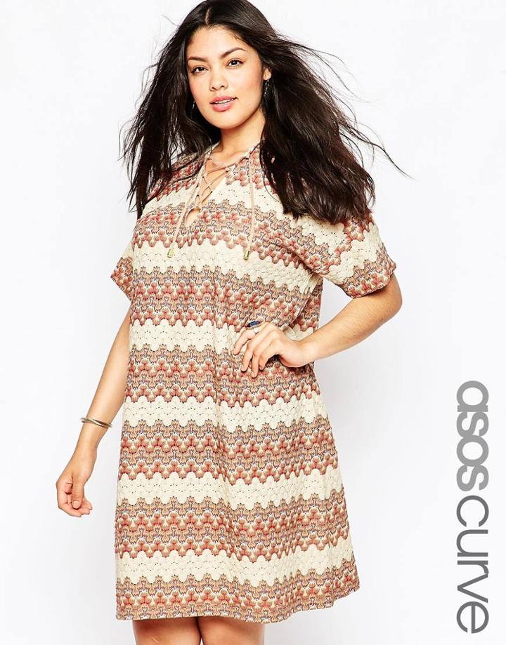 Asos Curve Swing Dress With Lace Up In Zig Zag Knitted Stripe - Multi