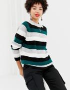 Na-kd Round Neck Sweater In Green Multi Stripe - Green