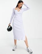 Topshop Premium Jersey Rib Midi Dress With Keyhole And Tie Neck In Lilac-purple