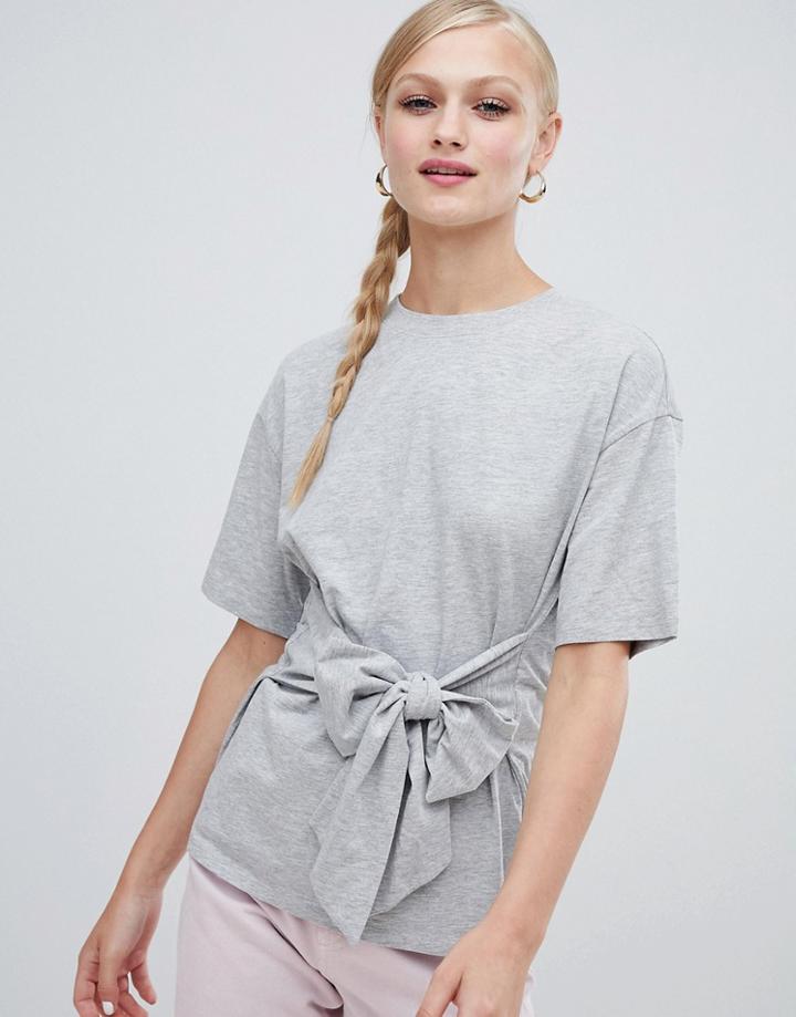 Monki Tie Front T-shirt In Gray - Gray