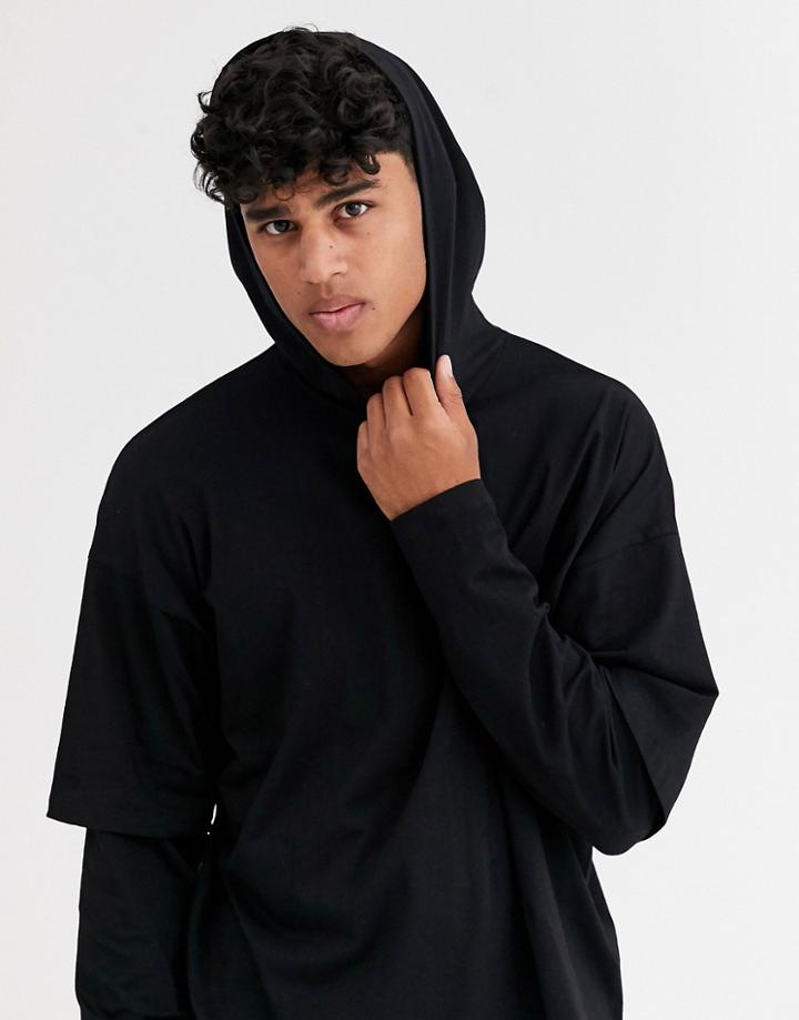 Asos Design Oversized Lightweight Hoodie With Double Layer Sleeve In Black