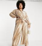 In The Style Plus X Elle Darby Tie Front Oversized Shirt In Gold - Part Of A Set-neutral