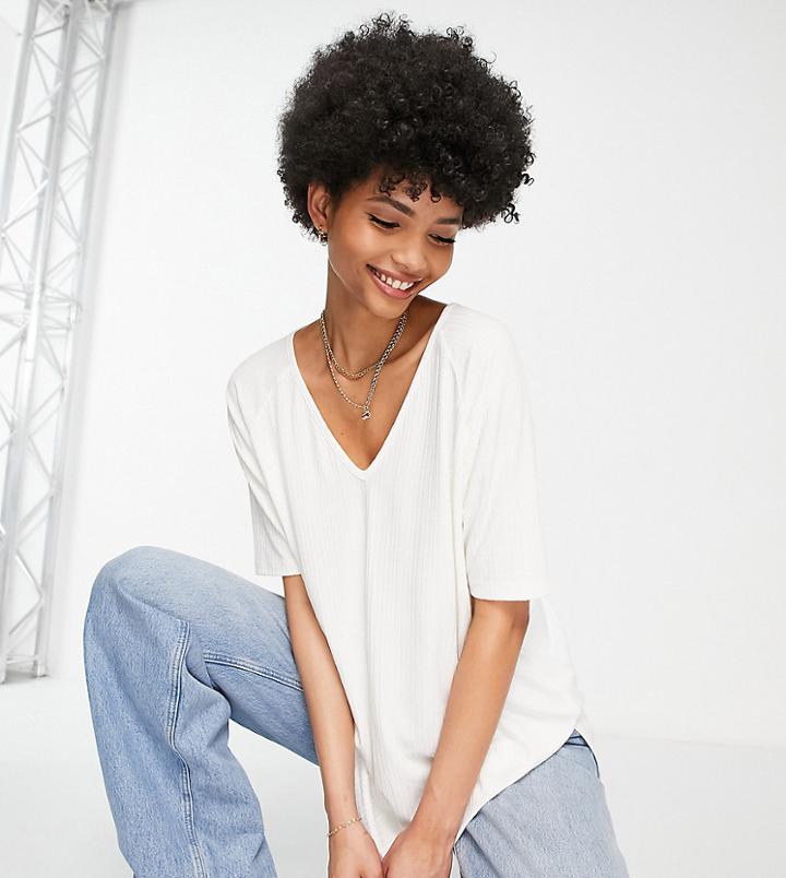 Asos Design Tall Oversized V-neck T-shirt In Rib In White