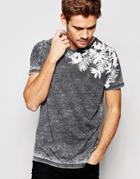 Asos T-shirt With Burn Out Wash And Leaf Floral Print - Gray