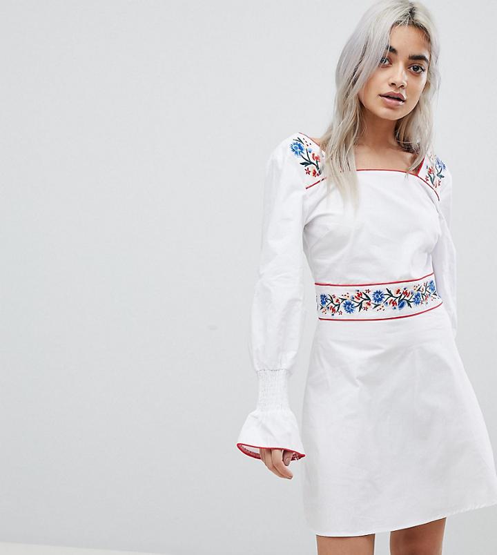 Fashion Union Petite Tea Dress With Balloon Sleeves And Embroidered Trim - White