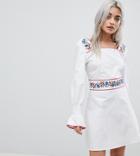 Fashion Union Petite Tea Dress With Balloon Sleeves And Embroidered Trim - White