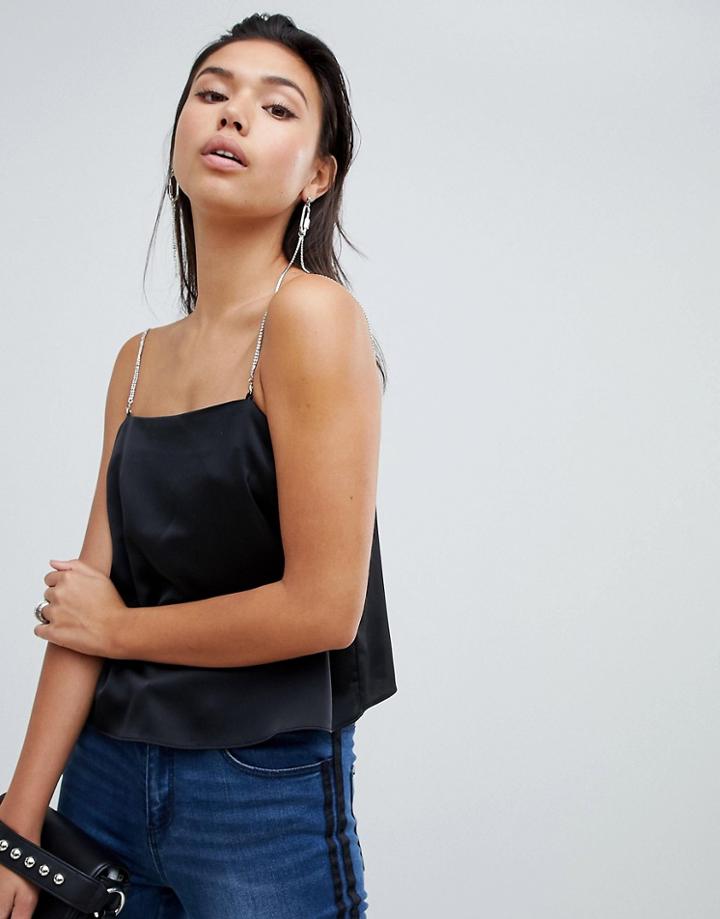Asos Design Satin Cami With Embellished Straps - Black
