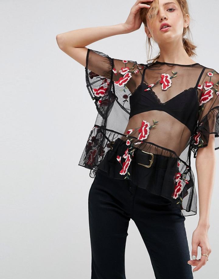Asos All Over Embroidered Ruffle Hem Top - Black