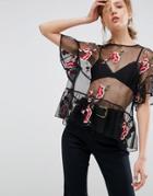 Asos All Over Embroidered Ruffle Hem Top - Black