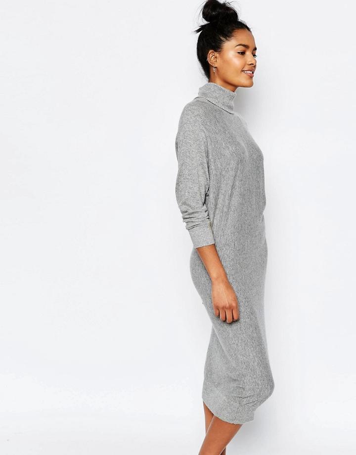 Stitch & Pieces Roll Neck Sweater Dress - Light Gray
