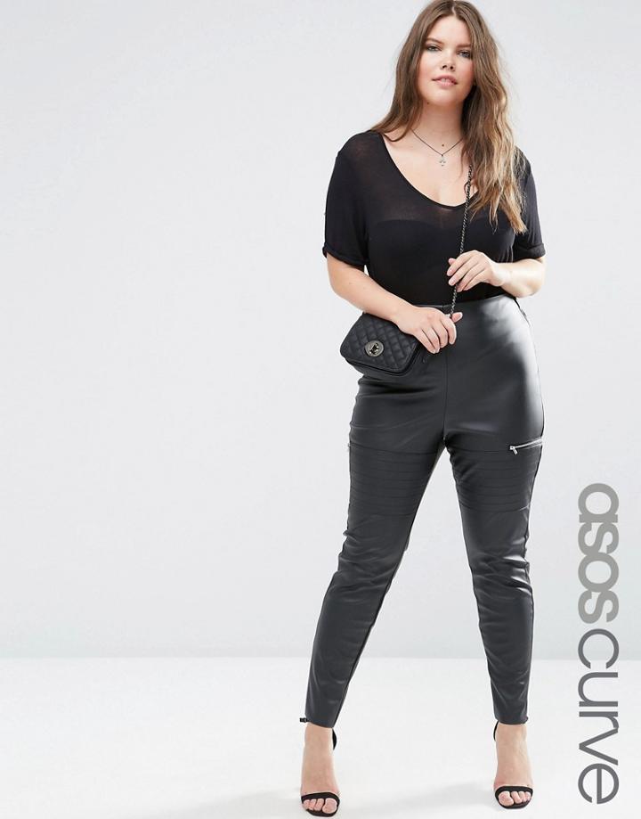 Asos Curve Biker Detail Pants In Leather Look - Black
