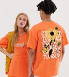 Crooked Tongues Unisex Oversized T-shirt In Orange With Sunflower Back Print-red