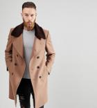Heart & Dagger Wool Mix Double Breasted Overcoat With Faux Fur Trim - Tan