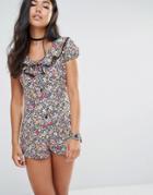 Motel Button Front Romper With Frill Collar And Lace Trim - Multi