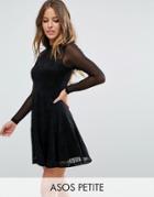Asos Petite Mesh Top Lace Skater Mini Dress - Black