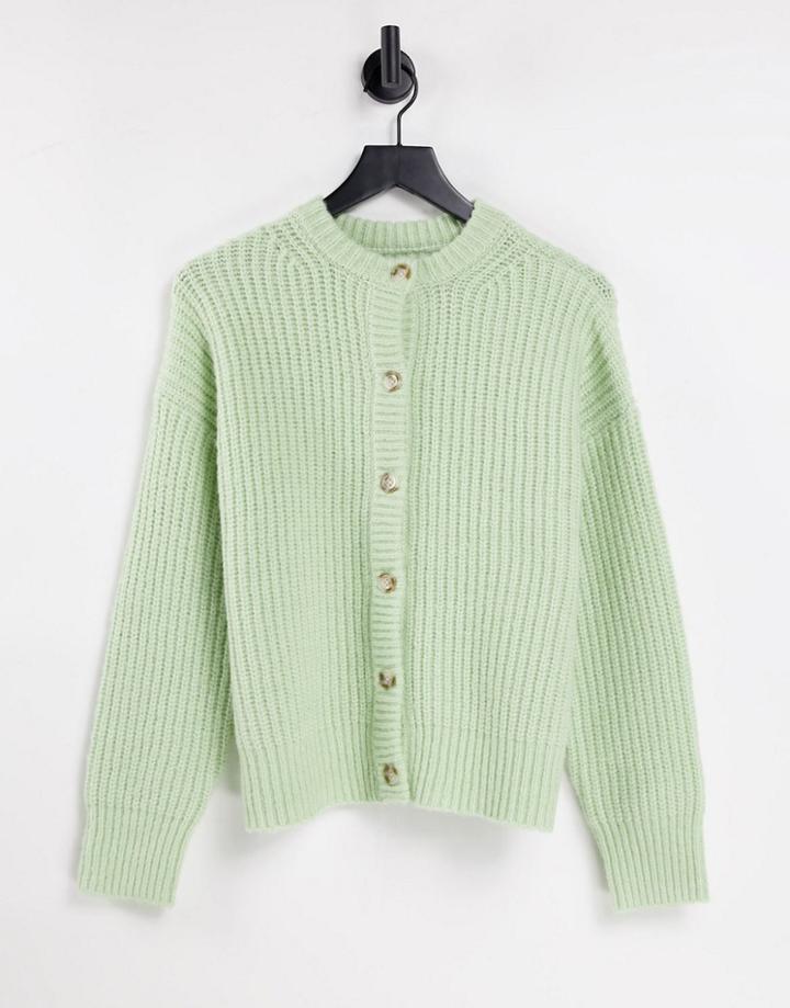 Topshop Knitted Ultimate Crew Neck Cardi In Green