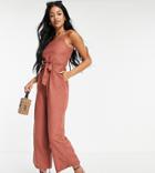 Only Tall Crop Jumpsuit With Tie Waist In Burgundy-red