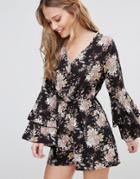 Influence Wrap Romper With Ruffle Sleeves - Black