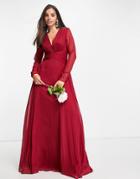 Asos Design Bridesmaid Ruched Waist Maxi Dress With Long Sleeves And Pleat Skirt In Berry-red