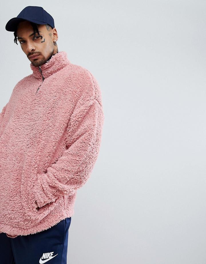 Asos Oversized Sweatshirt In Borg With Half Ziptrack And Contrast Neck - Pink