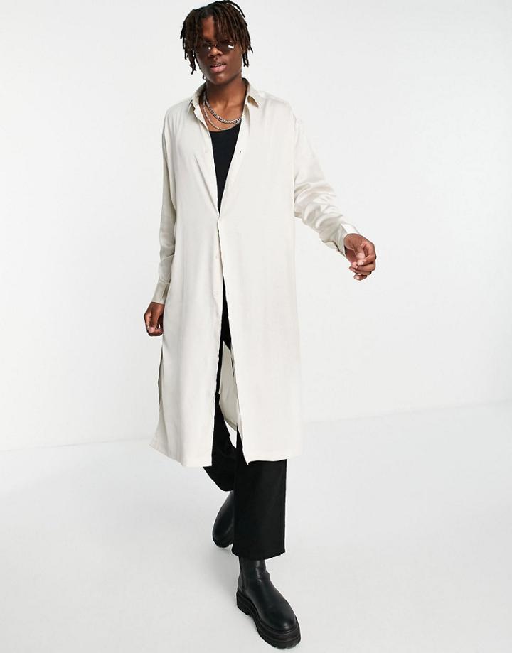 Asos Design Extreme Longline Satin Shirt In Champagne-neutral
