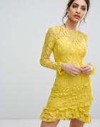 Prettylittlething Lace Asymmetric Frill Detail Bodycon Dress - Yellow