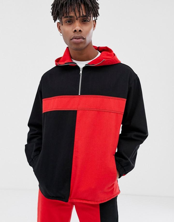 Collusion Color Blocked Overhead Denim Jacket In Black And Red - Red