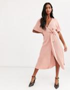 Asos Design Wrap Midi Dress In Rib Knit With Volume Sleeve