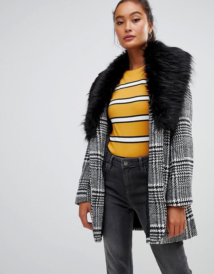 Parisian Checked Coat With Faux Fur Collar - Multi