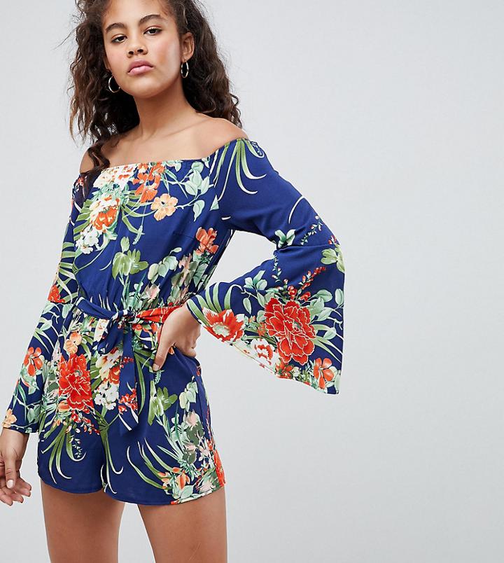Parisian Tall Tropical Print Off Shoulder Romper - Navy