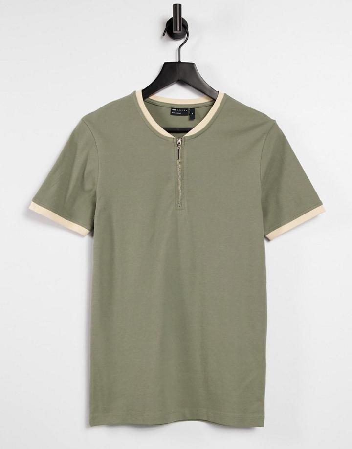 Asos Design Muscle Fit Pique T-shirt With Baseball Zip Collar In Khaki-green