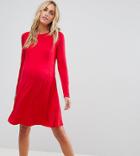 Asos Maternity Mini Swing Dress With Long Sleeves And Seam Detail - Red