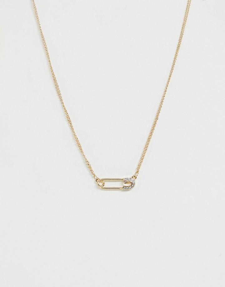 Asos Design Necklace With Safety Pin Pendant And Crystal Detail In Gold - Gold