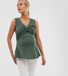 Asos Design Maternity Nursing Slinky Twist Front Top In Khaki - Green