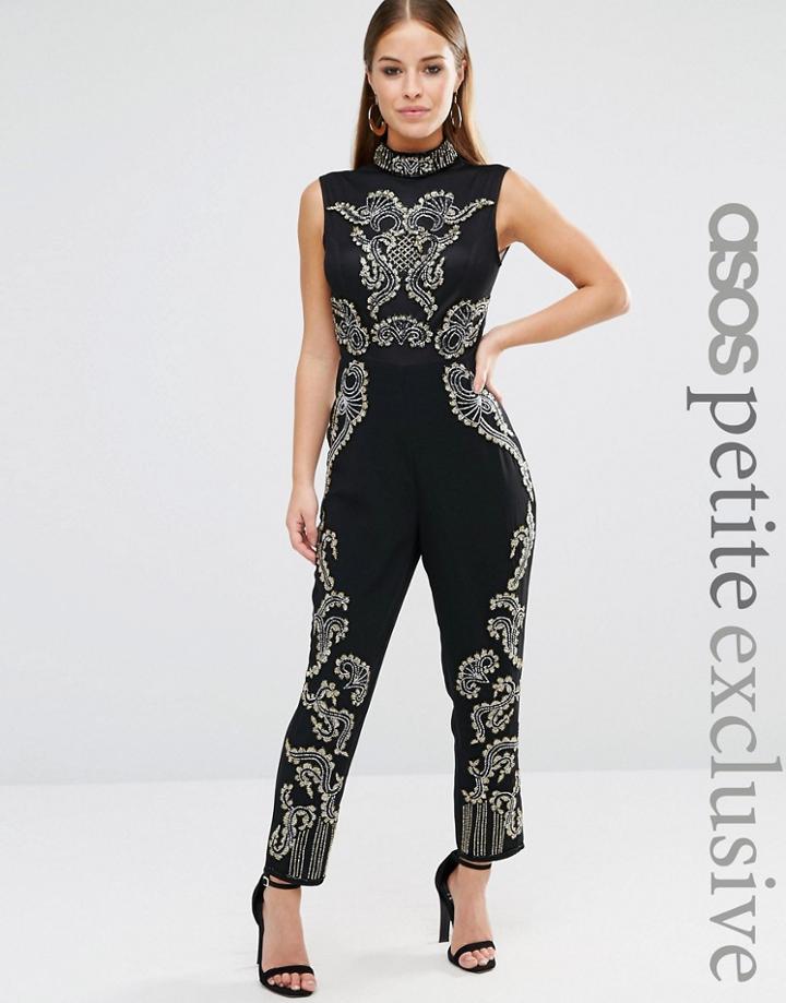 Asos Petite Glam Embellished Peg Leg Jumpsuit - Black