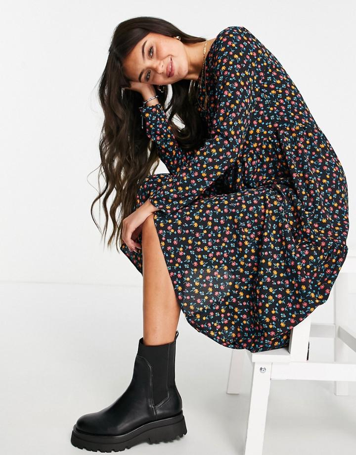 Asos Design Long Sleeve Tiered Smock Midi Dress In Black Floral Print-multi
