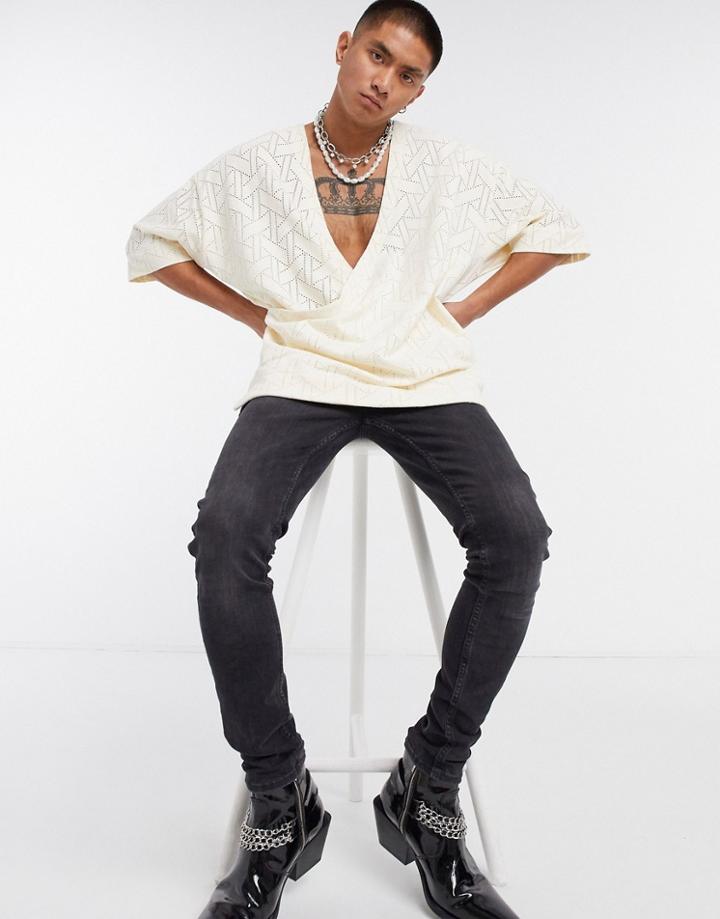 Asos Design Oversized Super Longline Wrap T-shirt In Ecru Geo Mesh Fabric-white