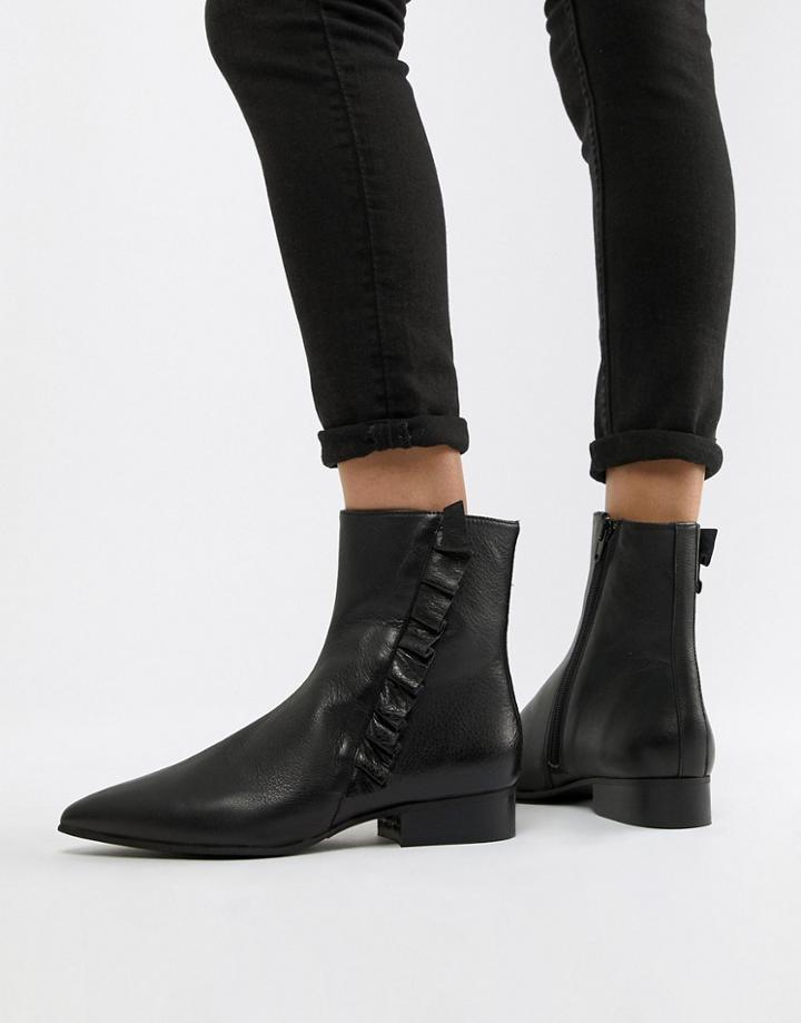 Selected Femme Leather Frill Detail Ankle Boots - Black