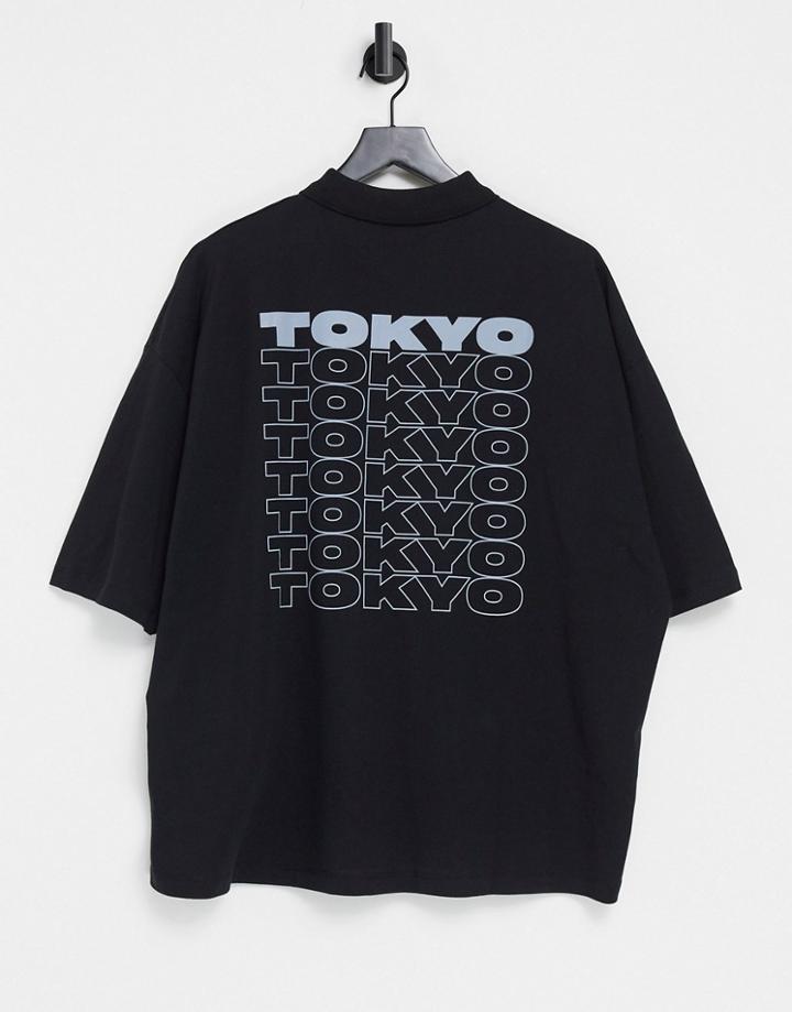 Asos Design Oversized Polo Shirt With Back Line Drawing Embroidery In Black