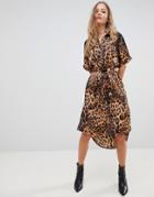 Liquorish Leopard Print Midi Shirt Dress - Brown