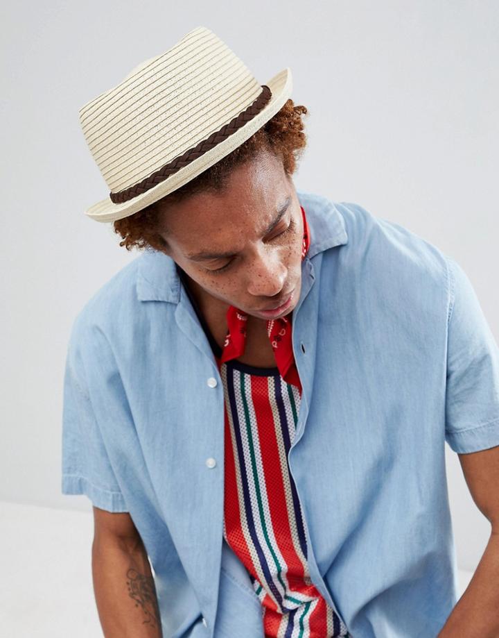 Asos Design Straw Pork Pie Hat With Faux Suede Plaited Band - Beige