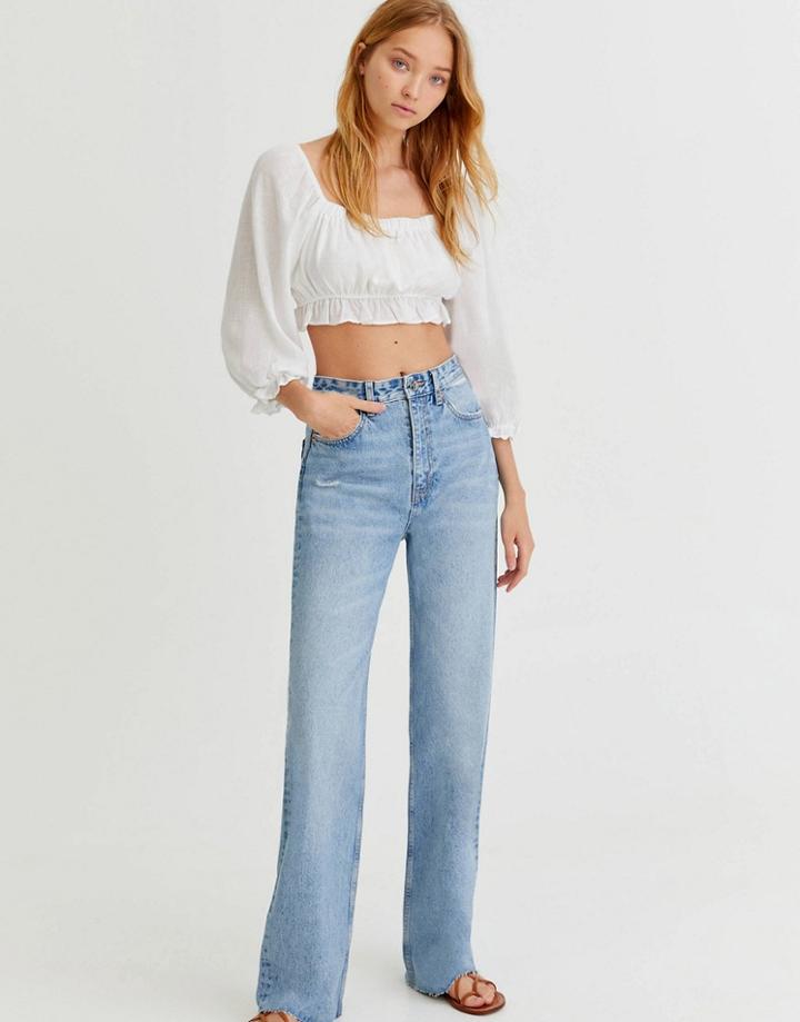 Pull & Bear Straight Leg Dad Jean In Light Blue-blues