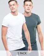Asos 2 Pack Longline Muscle T-shirt With Roll Sleeve In White And Green Marl Save 15%