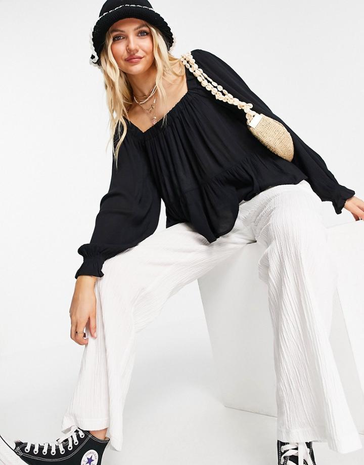 Asos Design Square Neck Crinkle Smock Top In Black